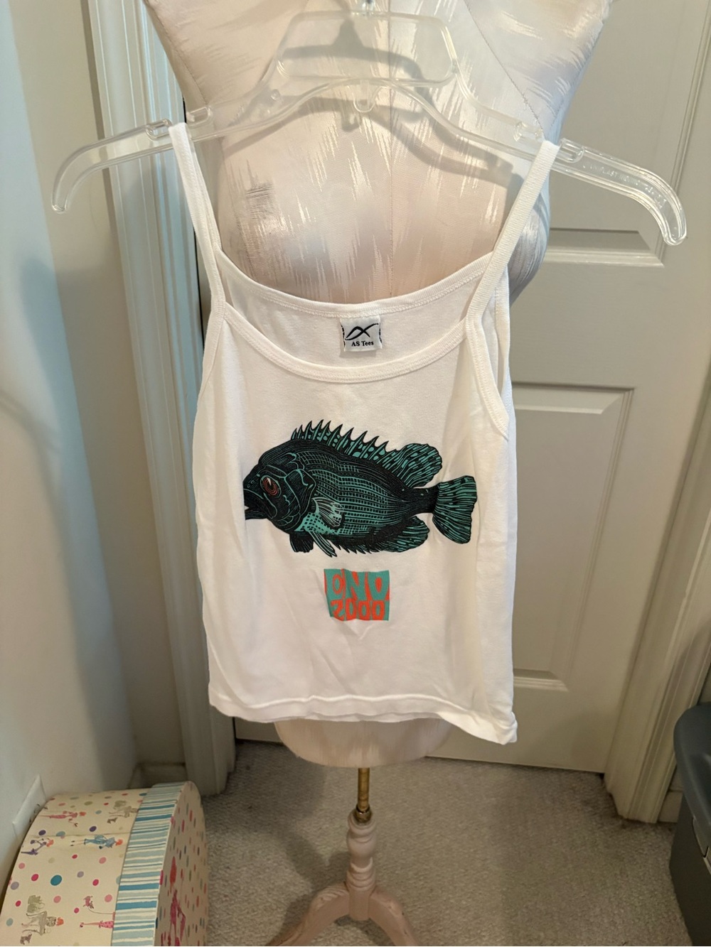 AS tees women’s small White Tank Top with Teal Fish Graphic